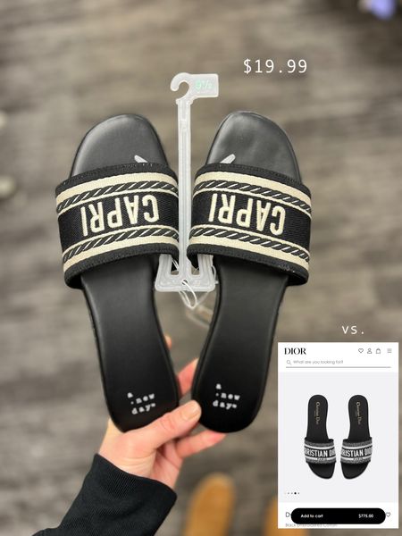 $19.99 vs $775. I know these dandals are definitely not identical but they’re really good lookalikes. A new day - nat slide sandals vs. Christian Dior Dway Slide Black Embroidered Cotton. Save or splurge. Love for less. Target find. Target style. Summer sandals. 

#saveorsplurge #loveforless

#LTKStyleTip #LTKSummerSales #LTKShoeCrush