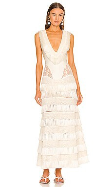 PatBO Plunging Fringe Trim Maxi Dress in Bone from Revolve.com | Revolve Clothing (Global)