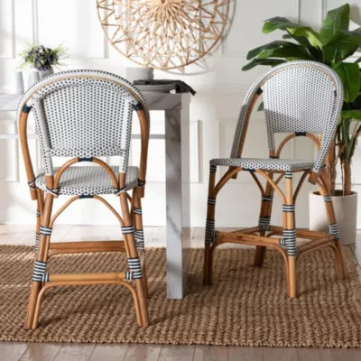 bali & pari Genica Black and White Weaving and Natural Rattan 2-Piece Counter Stool Set, Navy Blue | Belk