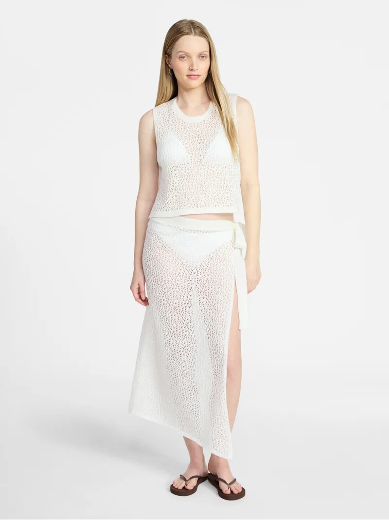 No Boundaries Cropped Crochet Knit Poncho with Side Ties, Women's | Walmart (US)