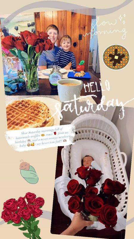 Slow Saturday mornings full of homemade waffles 🧇, roses 🌹 from my birthday 🎂, and a sweet sweepy newborn baby 👶🏼🥰 - my heart is so full!! 🫶🏽

#LTKBaby #LTKFamily #LTKHome