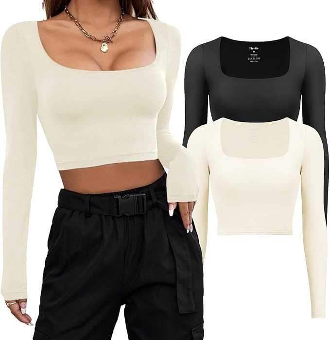 Women's 2 Piece Basic Square Neck Long Sleeve Crop Top Double Lined Slim Fitted Workout Tee Shirt... | Amazon (US)