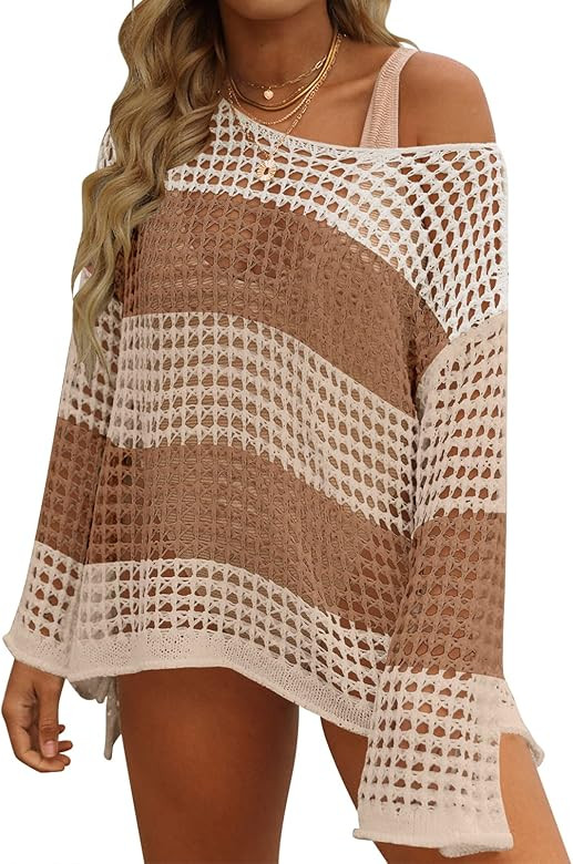 ZESICA Women's 2023 Summer Crochet Hollow Out Long Sleeve Beach Bikini Swimsuit Mesh Cover Up Tun... | Amazon (US)