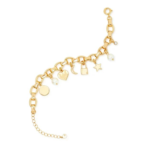 Scoop Womens Gold-Tone Heart, Star, Moon and Simulated Pearl Charm Bracelet | Walmart (US)