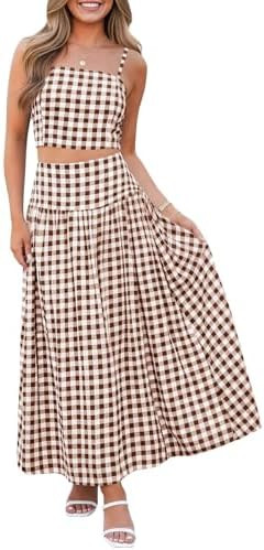 Wenrine Womens 2 Piece Skirt Sets Summer Gingham Crop Tops Midi Skirt | Dress Set, Travel Vacatio... | Amazon (US)