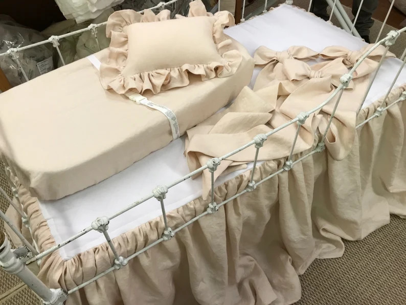 Nursery Linens in Heirloom Pink Washed Linen-Crib Skirt-Crib Bows-4 Curtain Bows-Crib Pillow | Etsy (US)