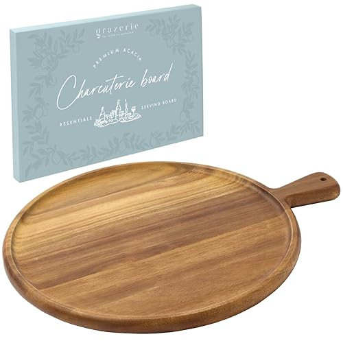 Grazerie Charcuterie Board - Round Acacia Wood Cutting Board for Kitchen with Handle, Cheese Board for Chopping Vegetables, Bread, Fruits, Meat - Decorative Wooden Serving Tray House Warming Gift | Amazon (US)