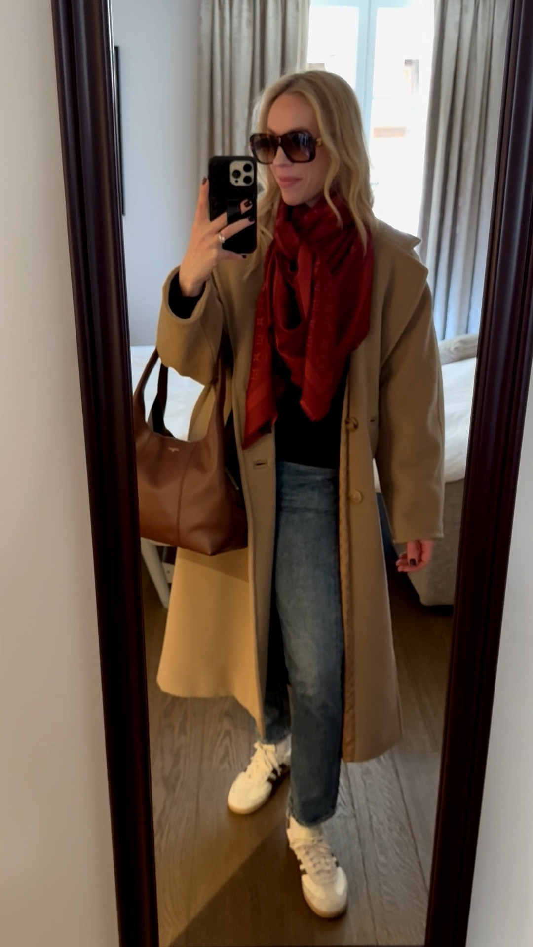 Look of the day, travel style, European vacation, camel coat, Louis Vuitton scarf, AGOLDE jeans, Le Tanneur French leather handbag, casual chic spring style 

#LTKTravel #LTKootd #LTKdayinmylife