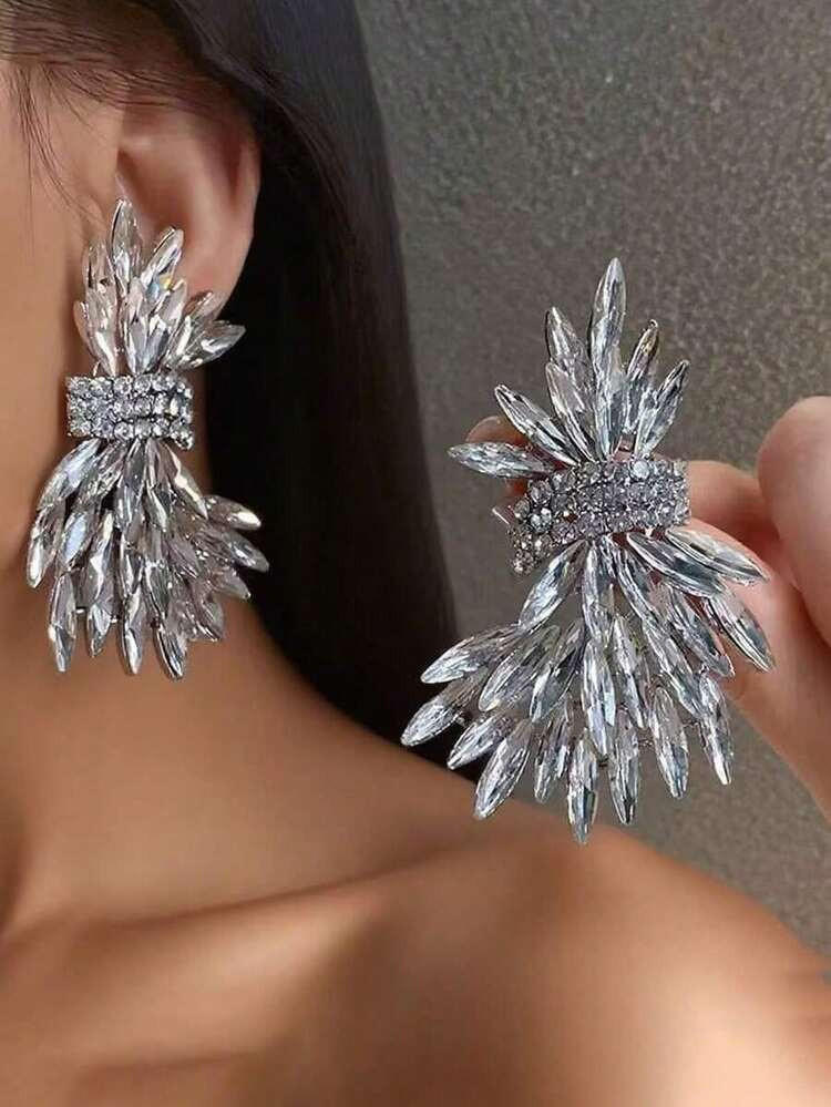 1 Pair Crystal Leaf Exaggerated Luxury Wedding Earrings, Rhinestone Glamorous Party & Daily Wear Jewelry Gift For Women | SHEIN