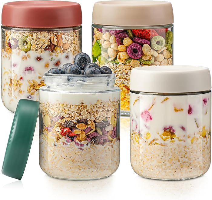 DIMBRAH Overnight Oats Containers with Lids,16oz Glass Jars with Lids - Set Of 4, Practical Oatme... | Amazon (US)