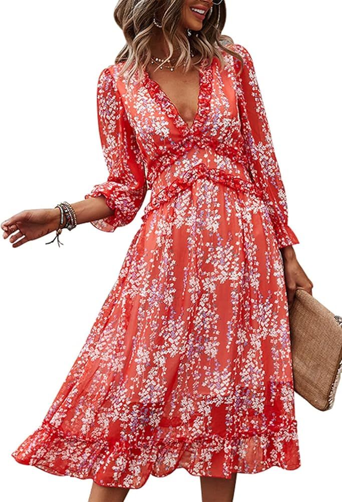 KRLAGAPAS Women's Summer Spring Dresses 2022 Casual Deep V Neck Ruffle Long Sleeve Floral Print | Amazon (US)