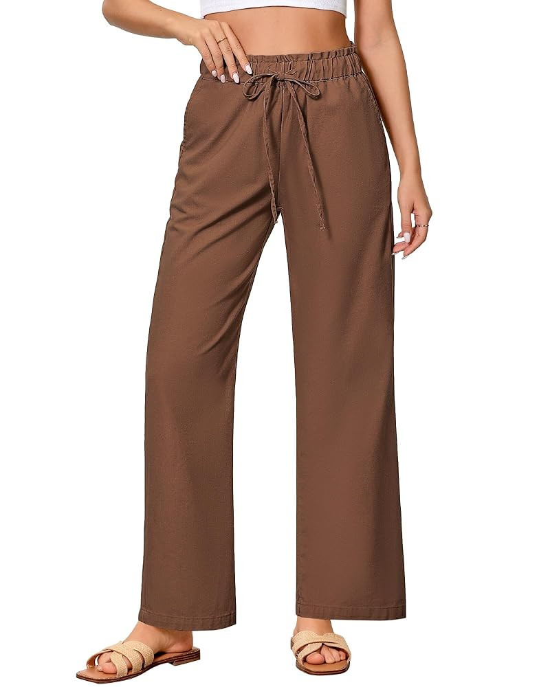GRAPENT Linen Pants Women Wide Leg High Waisted Flowy Summer Beach Elastic Waist Pull On Baggy Pa... | Amazon (US)