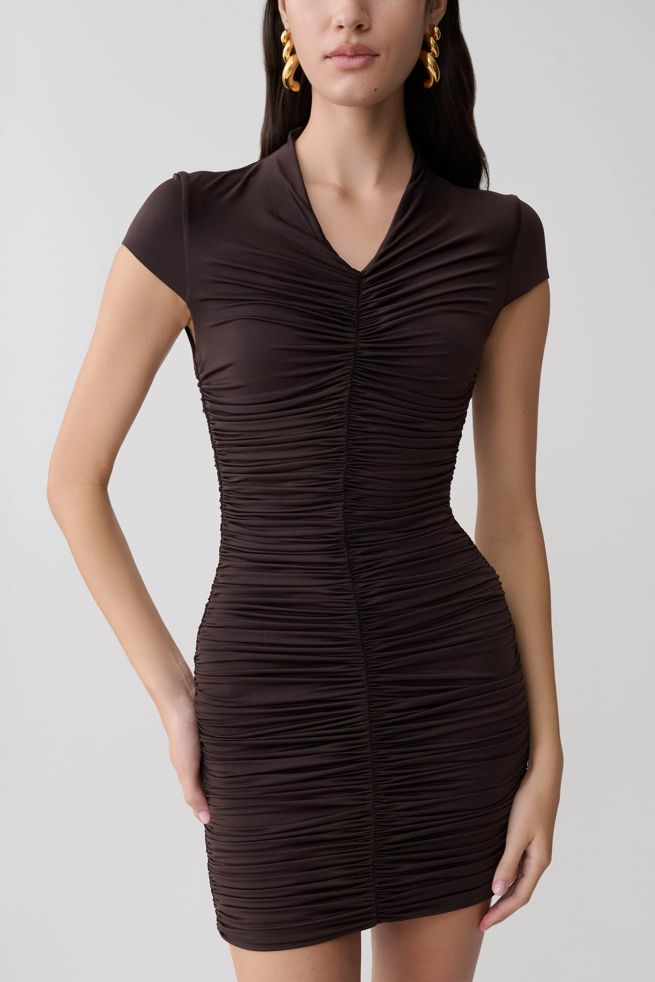 Alphine Gathered Short Sleeve Mini Dress - Chocolate | MESHKI US