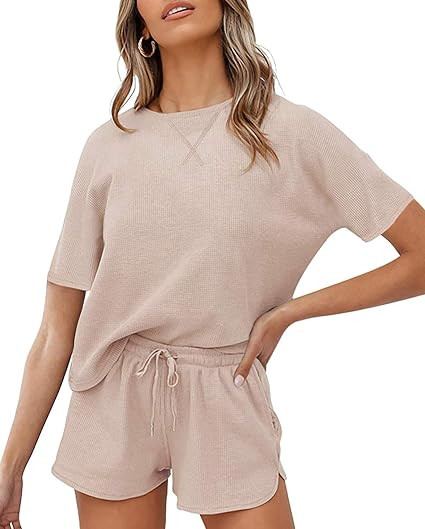 ZESICA Women's Waffle Knit Pajama Set Short Sleeve Top and Shorts Loungewear Athletic Tracksuits ... | Amazon (US)