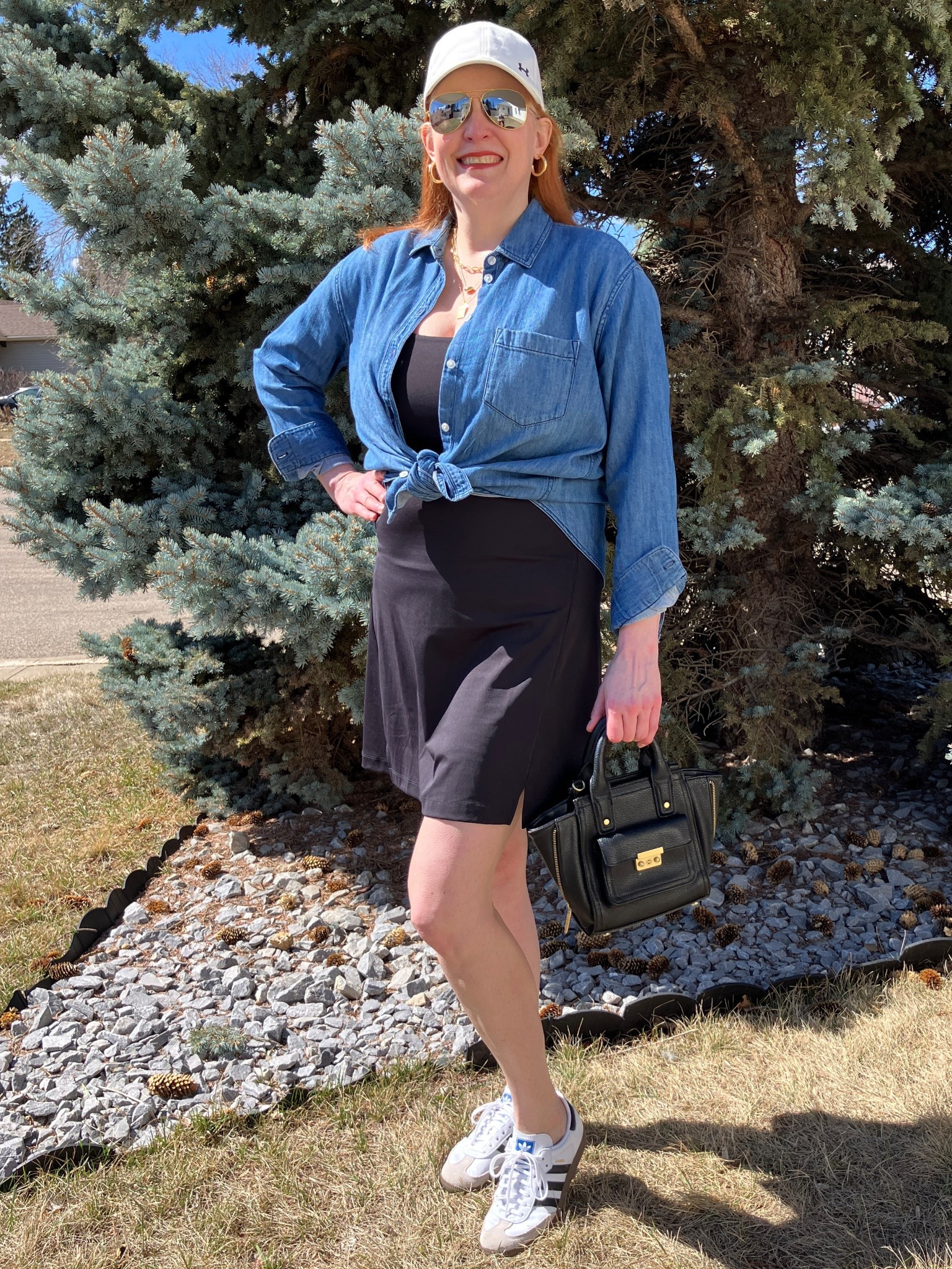 It’s not tainted love, it’s actual love I have for this athletic dress! So comfy and easy to style this will be a summer favourite! I just chose a denim shirt, some fav necklaces, a white cap to match my sneakers, and a black bag to match my dress. The dress has shirts underneath that have pockets! Yay! Now I just need the snow to melt to wear it again! Canadians click on the first links to shop, and Americans click on the second links to shop. If there’s only one link then you can shop it in your own country. And remember, trendy doesn’t have to be expensive! Bye!

#LTKootd #LTKActive #LTKmomlife