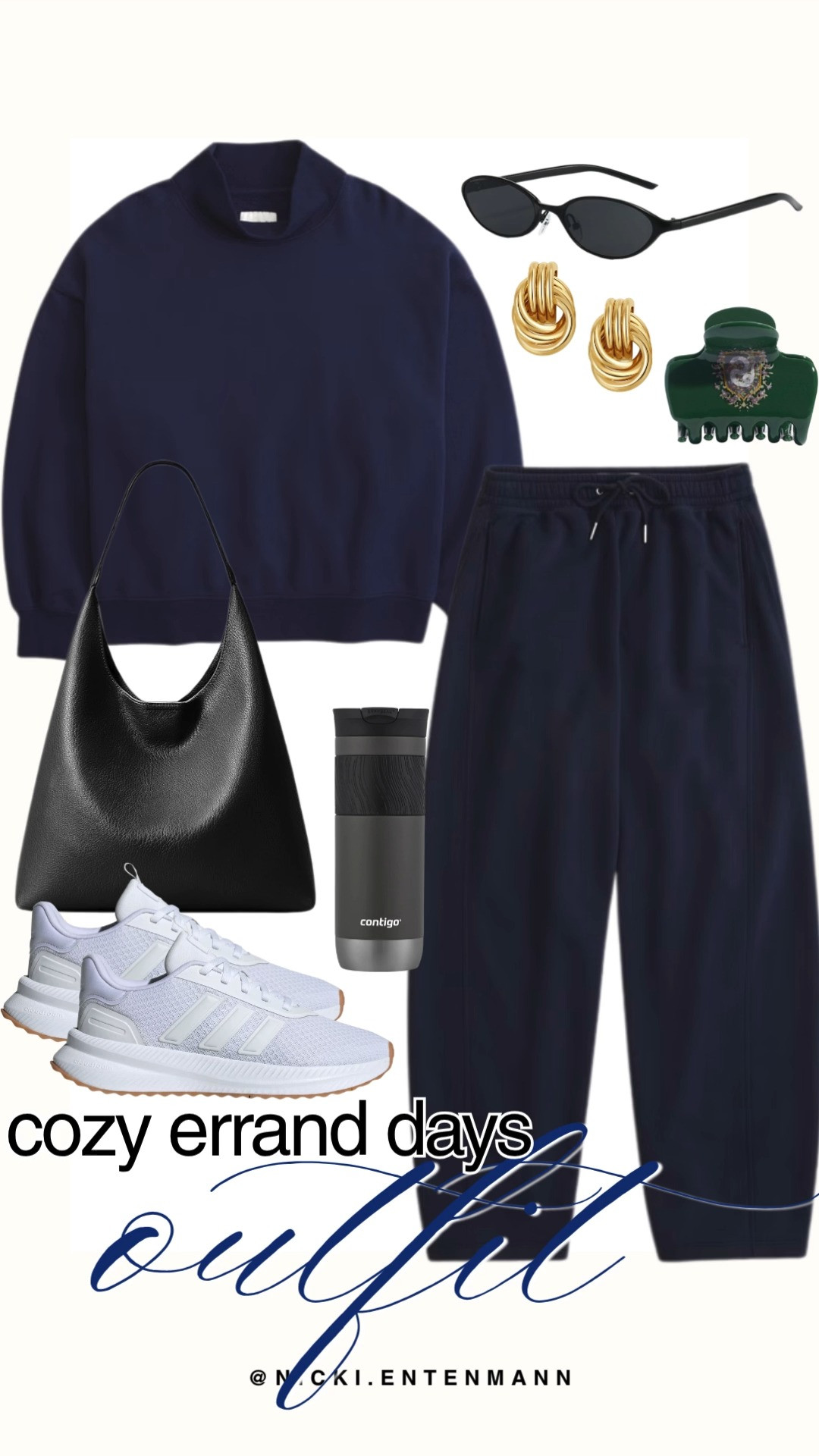 Stay chic and comfortable on cozy errand days with this monochrome navy loungewear set featuring a mock-neck sweatshirt and matching drawstring pants. White Adidas sneakers, a slouched black leather shoulder bag, and a Contigo travel mug keep things practical for running around town. Oval black sunglasses, twisted gold hoop earrings, and a forest green hair claw add an easy preppy touch.

#cozyerranddays #errandoutfit #athleisure #preppycasual #loungewear #everydaystyle #fallfashion 

 #LTKootd #LTKSaleAlert #LTKTravel