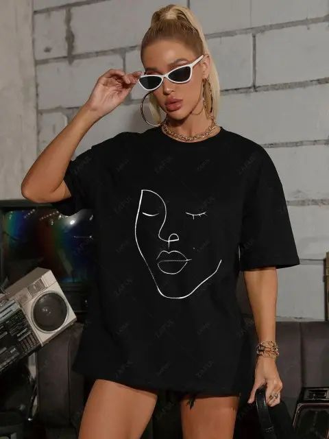 Oversized Face Sketch Graphic Tee - Black Xl | ZAFUL (Global)