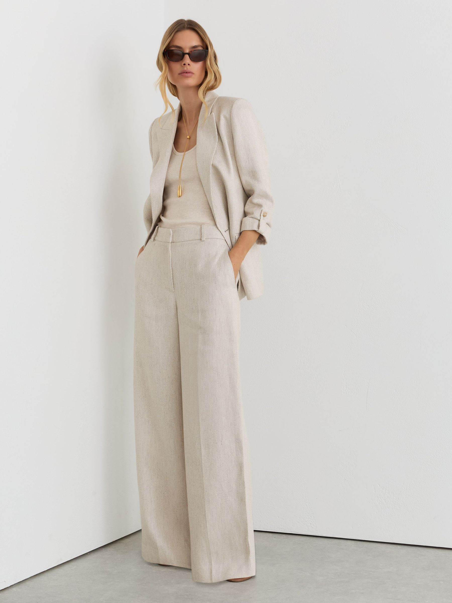 Reiss Linen-Blend Textured Wide-Leg Trousers in Neutral | REISS | Reiss US