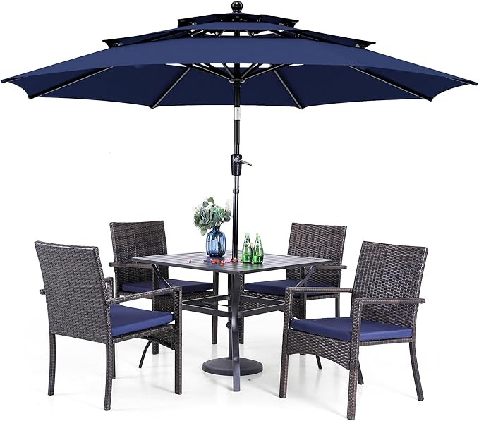 PHI VILLA 5 Piece Outdoor Dining Set with Umbrella, 37" Square Metal Dining Table & Cushioned Rat... | Amazon (US)