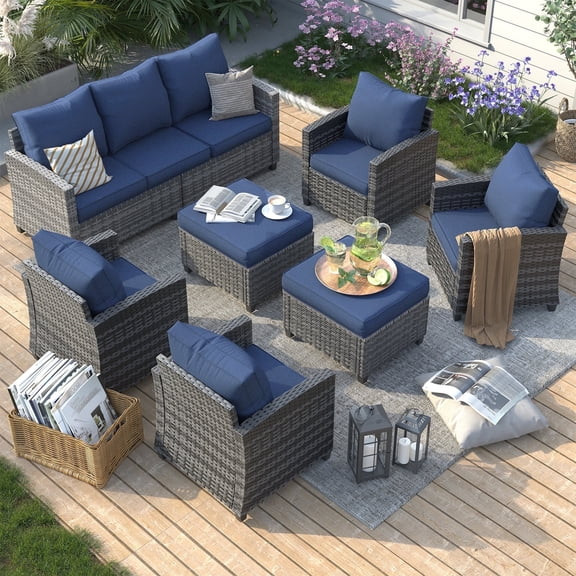 ELPOSUN 7 Pieces Outdoor Patio Furniture Set, 4 x Single Chair, 2 x Ottoman and 3-Seat Sofa with ... | Walmart (US)