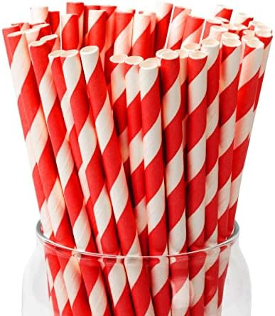 100 Pack Red Straws, Disposable Red and White Biodegradable Paper Striped Straws for Cocktail, Mi... | Amazon (US)