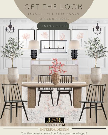 Spring inspired dining room design. Recreate the look with these furniture and decor finds! Wood dining table, black dining chairs, dining room rug, wood buffet console table, rattan vase, faux fake flower stems, black bubble lamp, white ceramic tree planter pot, faux fake olive tree, dining room chandelier, wall art, lantern sconce light. #LTKSpring

#LTKSeasonal #LTKSale #LTKhome