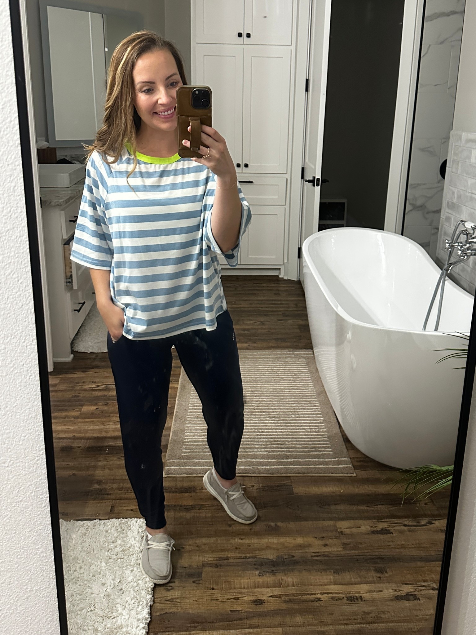 Outfit of the day! Casual, Comfy, and Cute! 👏🏻 

Everything is TTS
Top: Medium 
Pants: Medium
I’m 5’3”, 129lbs, typically wear a size small-medium 

Mom Style | Women’s Outfit Inspo | casual top | summer top | striped top | under armour | amazon style 

#LTKStyleTip #LTKWorkwear #LTKFindsUnder50