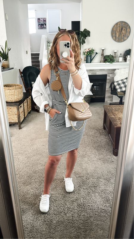 Casual summer dress outfit with a black and white striped dress, white linen button down, brown crossbody bag and white sneakers. Everything fits TTS. 


// Summer outfits 2024, mom outfit ideas, summer outfit amazon, Amazon outfit ideas, casual outfit ideas, spring outfit inspo, casual fashion, amazon summer fashion, amazon casual outfit, cute casual outfit, outfit inspo, outfits amazon, outfit ideas, amazon shoes, Amazon bag, purse, size 4-6, casual summer outfits, casual outfit ideas everyday, summer fashion under $50 #ltkfindsunder100 

#LTKFindsUnder50 #LTKStyleTip #LTKItBag