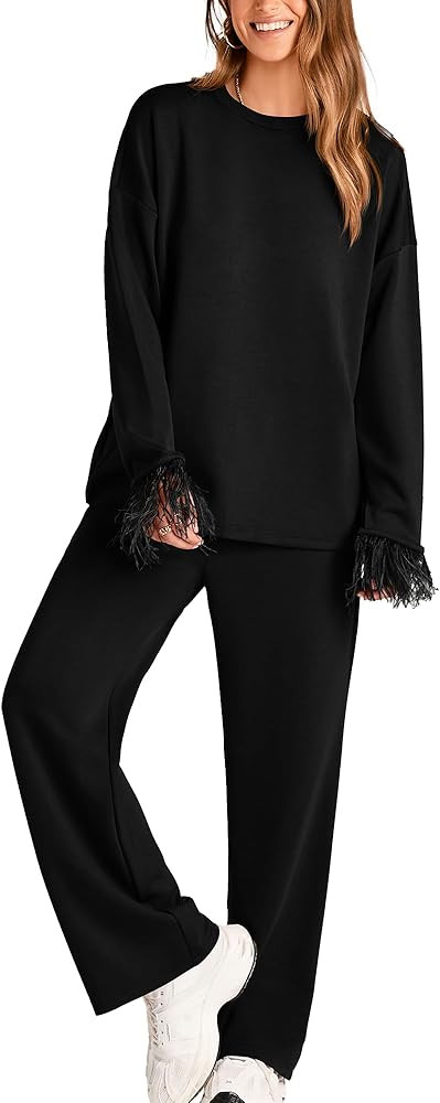 BTFBM Women Two Piece Outfits 2023 Feather Trim Loose Long Sleeve Pullover Leg Pants Casual Sweat... | Amazon (US)
