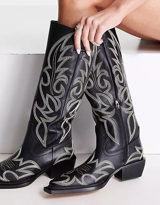 Topshop Texas premium leather stitched knee-high Western boots in black | ASOS (Global)