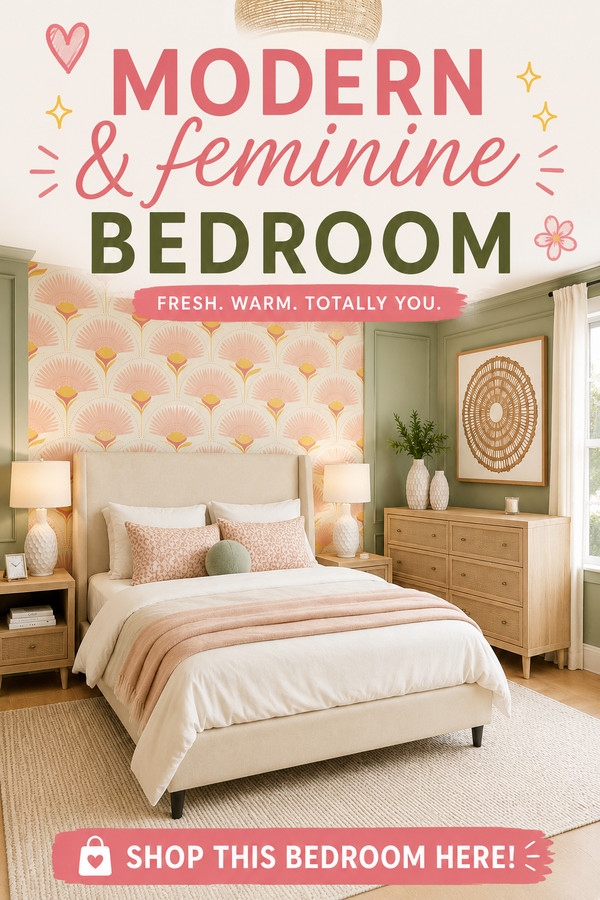 Create your dream modern feminine bedroom with soft pink wallpaper, warm neutral textures, natural wood furniture, cozy 