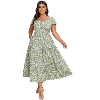 YESFASHION Women Plus Size Maxi Dress Floral Ruffle Summer Dress Short Sleeve Long Dress High Waist Sweethearte Neck Casual Dress, Green, 4XL | Target