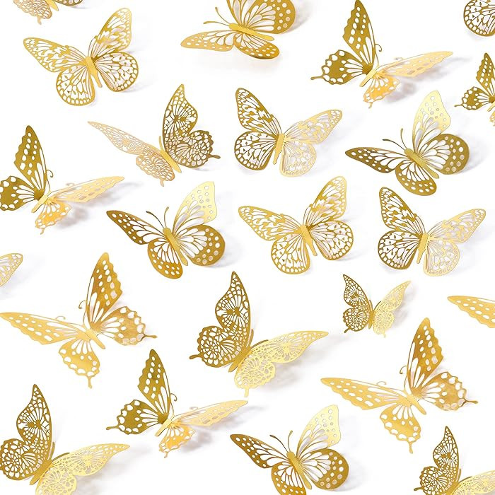 SAOROPEB 3D Butterfly Wall Decor - 48 Pcs, 4 Styles, 3 Sizes, Gold Butterfly Decorations for Birt... | Amazon (US)