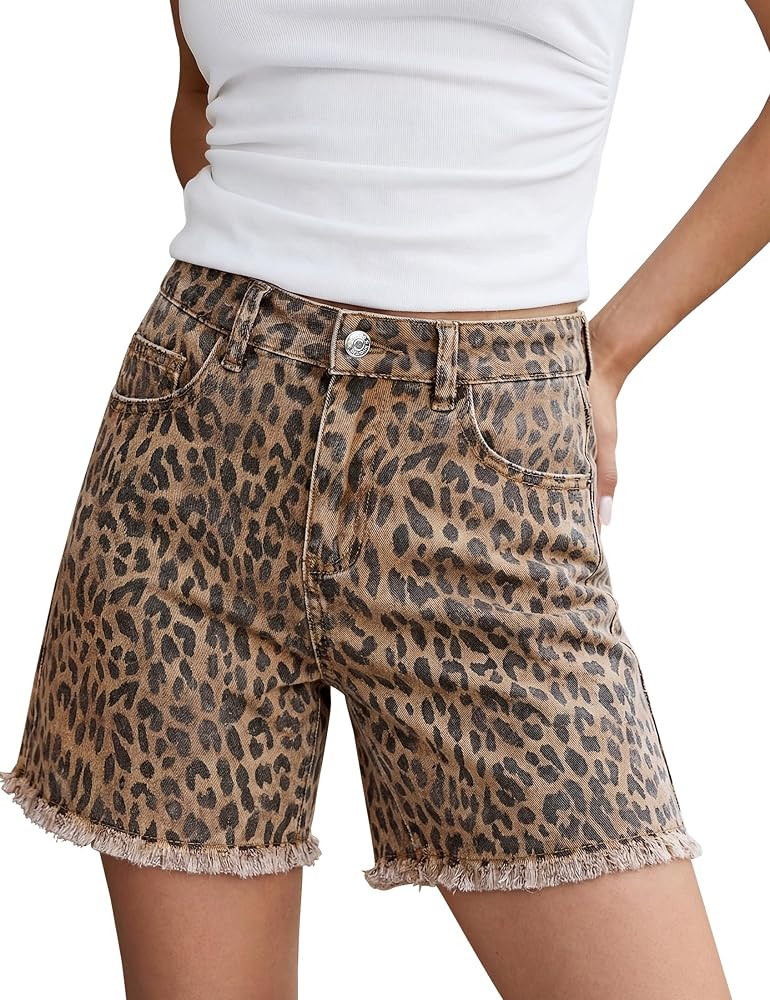 luvamia Jean Shorts for Women Trendy High Rise Mid Thigh Cheetah Leopard Print Raw Hem Stretch De... | Amazon (US)