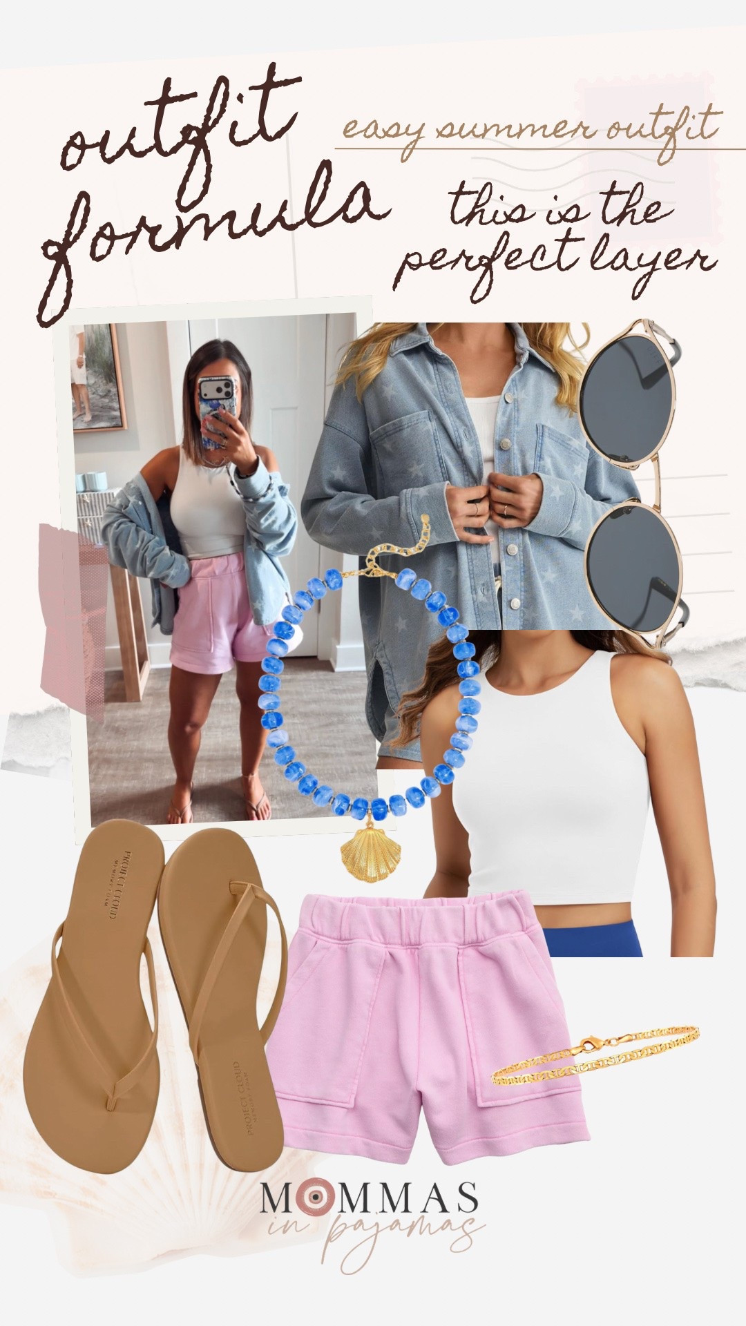 One of my absolute favorite pieces to layer with my outfits is this sweatshirt shacket. It’s absolutely adorable, and it’s incredibly comfy. It’s lightweight enough to wear in the summer, and will come in handy so much in the fall. I paired this double lined tank (I wear my fave nipple covers with it), cute and comfy fleece shorts, with neutral flip flops and a super cute fun summer beaded necklace and my current favorite sunnies for one of my favorite summer looks. 
Summer outfit inspo, pink sweatpant shorts

#LTKMidsize #LTKPetite #LTKSeasonal