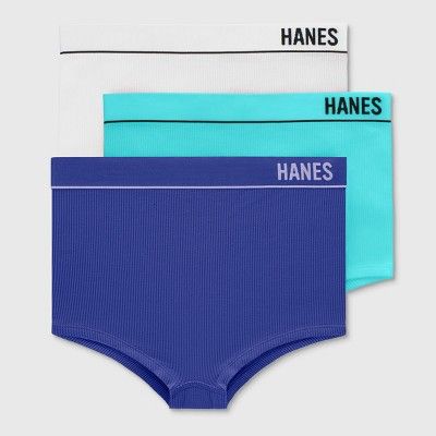 Hanes Women's 3pk Original Ribbed Boy Shorts - Teal/Indigo/White | Target