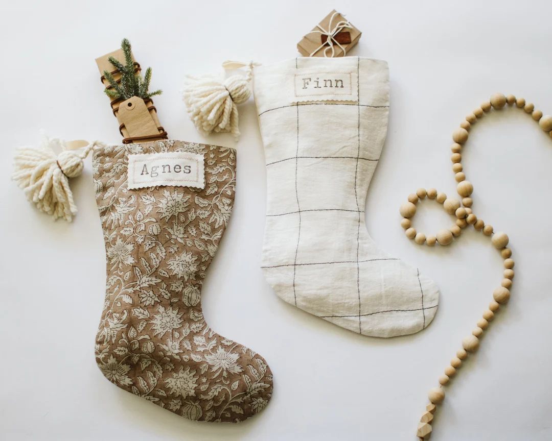 Neutral Christmas Stockings with Pom Pom Tassel | Modern Boho Block Print Kantha Stockings Christ... | Etsy (US)