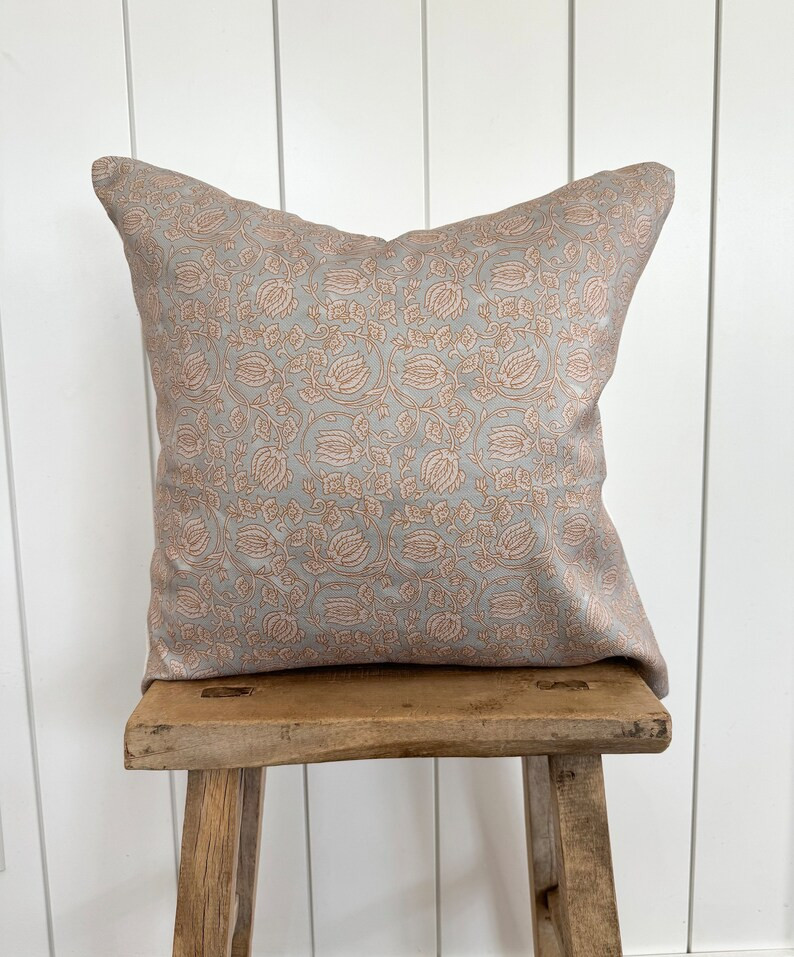 Light Blue Block Print Pillow Cover Designer Fabric Modern Farmhouse Neutral Home Decor 18x18 20x... | Etsy (US)
