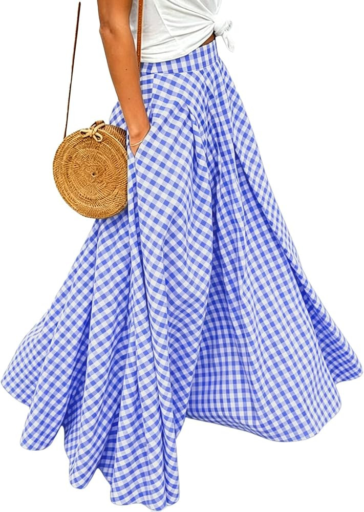 HOUZONIY Womens Plaid Gingham Maxi Skirt Elastic Waist Pleated Flared A Line Swing Summer Pull On... | Amazon (US)