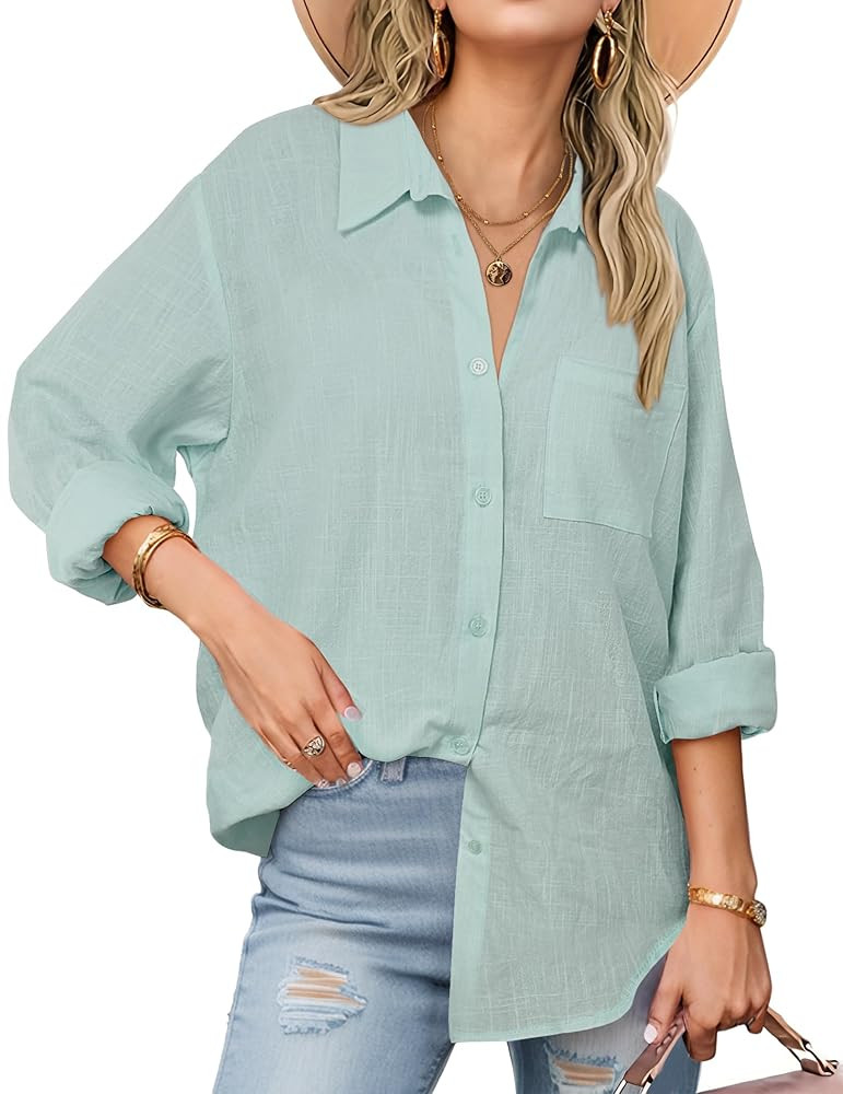 Zeagoo Womens Button Down Shirts Long Sleeve Cotton Gauze Tops Casual Collared Blouses Loose Fit | Amazon (US)