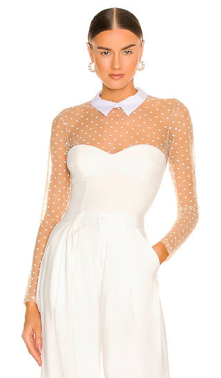 fleur du mal Collared Bodysuit With Dotted Tulle in Ivory. - size M | Revolve Clothing (Global)