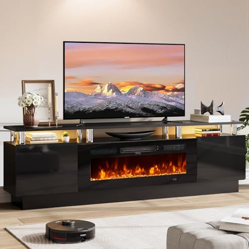 OneBlis 70" TV Stand for Living Room, Modern Entertainment Center & Media Console, Fits TVs up to 80", Storage Cabinet with Shelves, 36" Electric Fireplace with LED Flame (All Black) | Amazon (US)