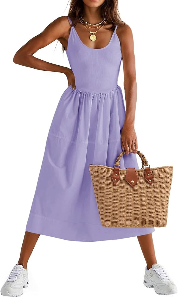 Fisoew Womens Spaghetti Strap Dress V Neck Backless Summer Casual A Line Cami Dress with Pocket | Amazon (US)