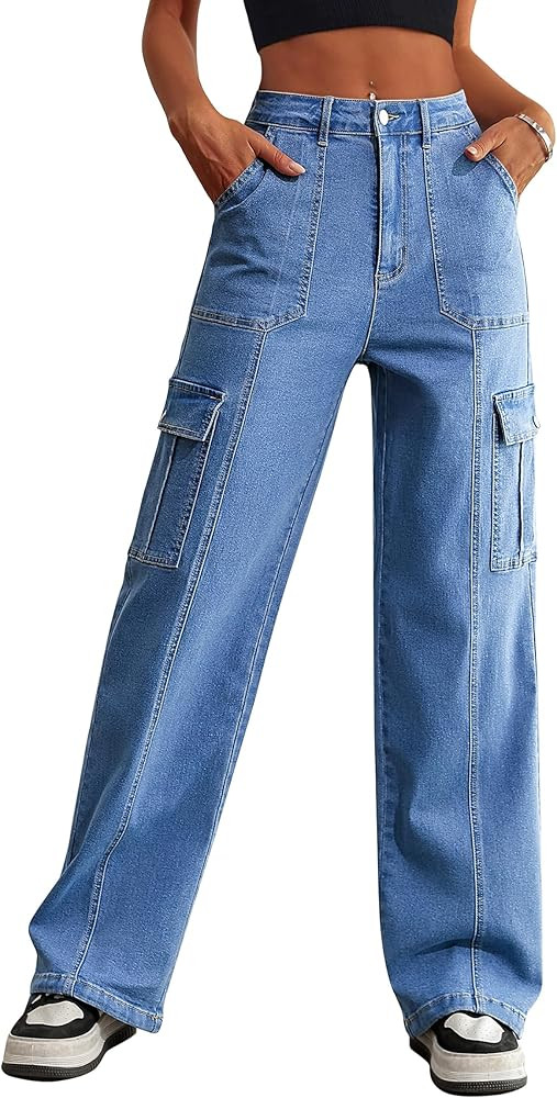Eddoyee Cargo Pants for Women Stretch High Waisted 6 Pockets Straight Wide Leg Jean Casual Baggy ... | Amazon (CA)