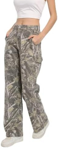 Women Camouflage Cargo Pants Straight Wide Leg Trousers Jeans with Pockets | Amazon (US)