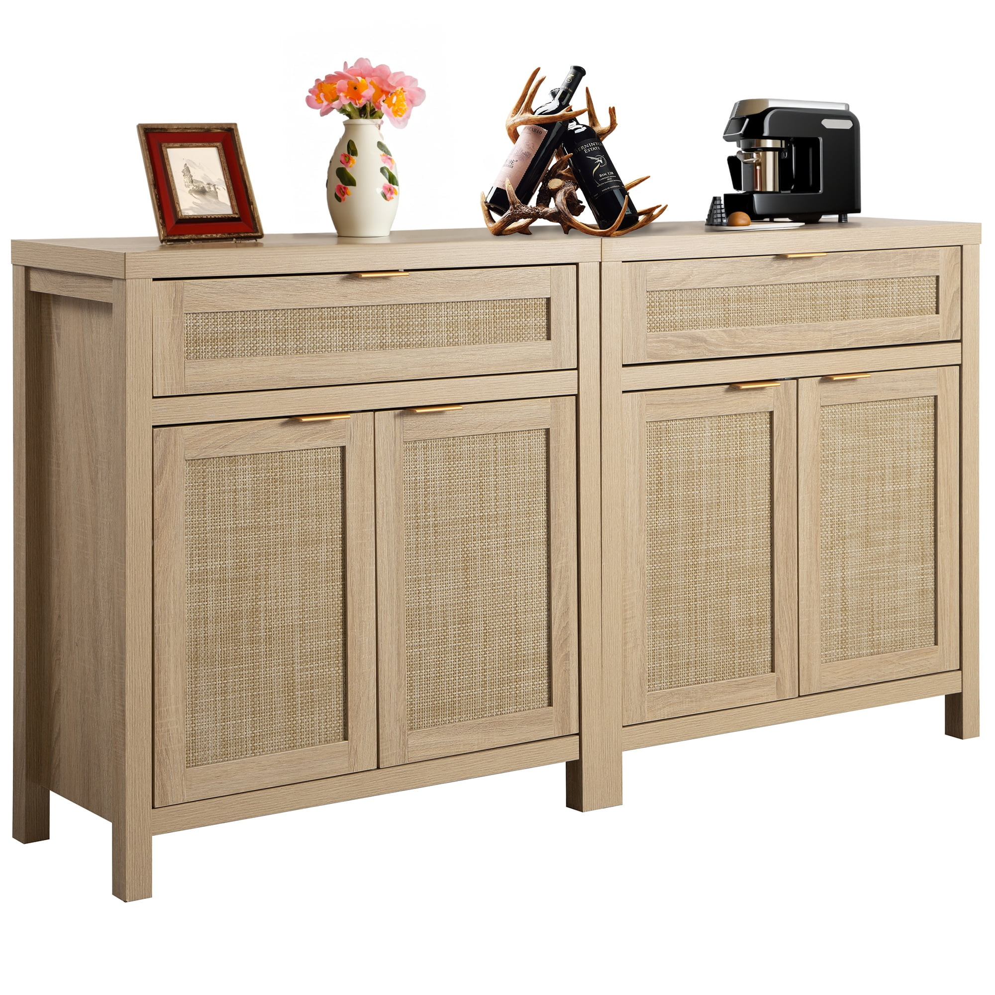 SICOTAS Farmhouse Sideboard Storage Cabinet with Drawer Set of 2, Boho Rattan Kitchen Buffet Cabi... | Walmart (US)