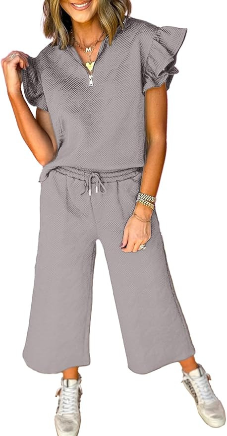 SHEWIN 2 Piece Sets Outfits for Women V Neck Collared Ruffle Short Sleeve Polo Shirts Quarter Zip... | Amazon (US)