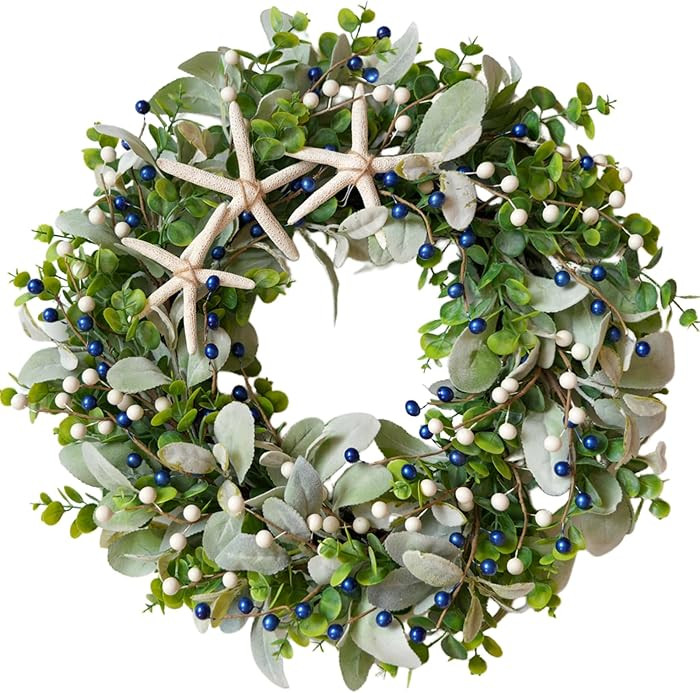 22-inch Green Front Door Wreath Coastal Artificial Starfish & Berries Wreath for Wall, Mantel, En... | Amazon (US)
