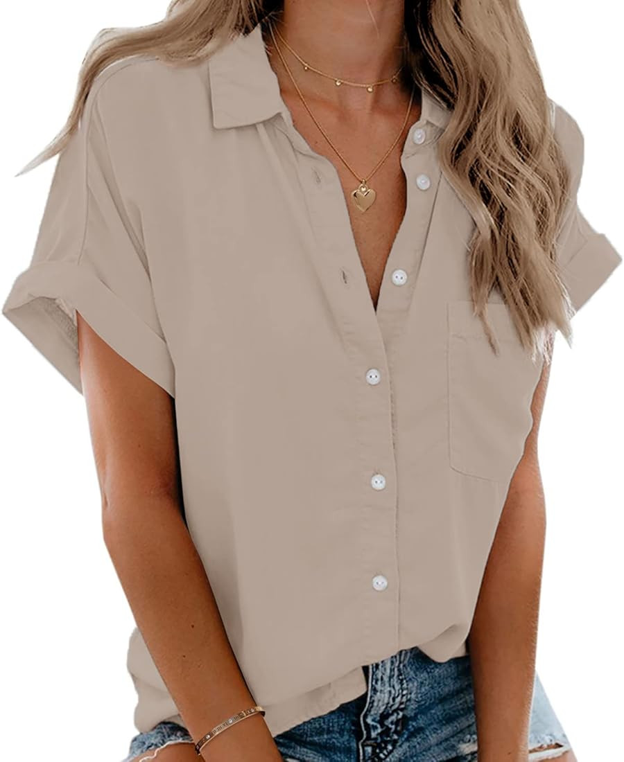 Womens Short Sleeve Shirts V Neck Collared Button Down Shirt Tops with Pockets | Amazon (US)