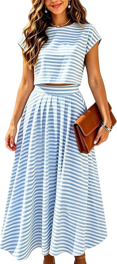 Zontroldy Women's Summer 2 Piece Outfits Striped Skirt Sets Cap Sleeve Crop Top Midi Dress Matchi... | Amazon (US)